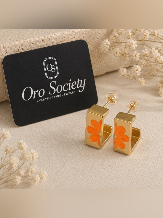Oro Society Jewelry - 14K Gold Filled Orange Enamel Flower J-Hoop Earrings